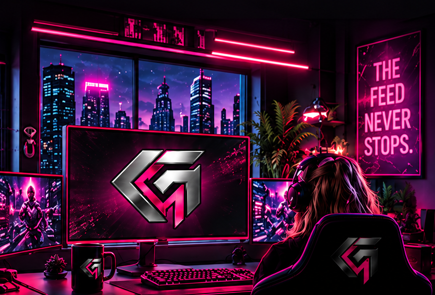 A gamer at a multi-screen gaming setup at night, with the Gunmetal G emblem on the main monitor